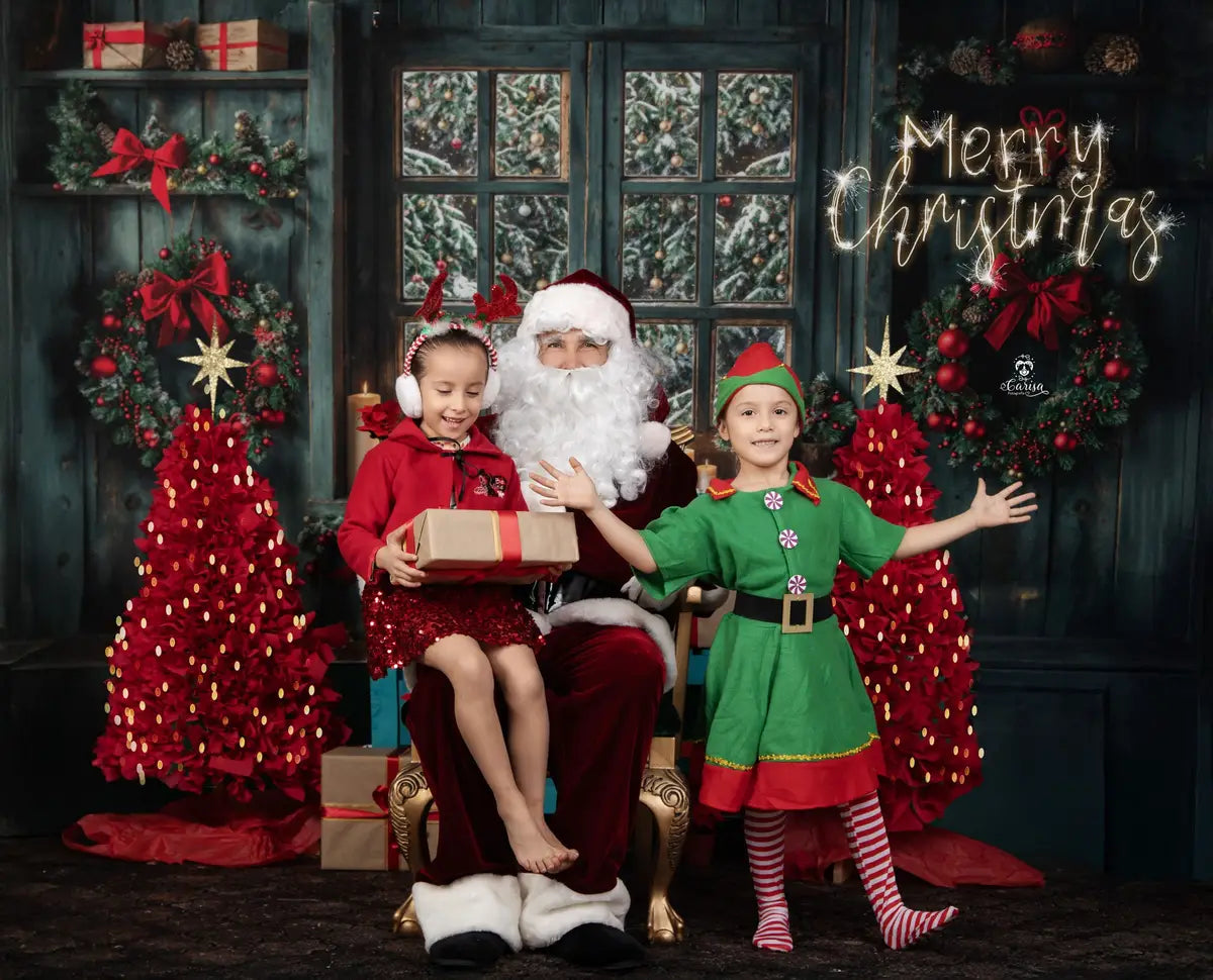 Fondo de Ventana de Madera Verde Envejecida de Navidad Diseñado por Emetselch