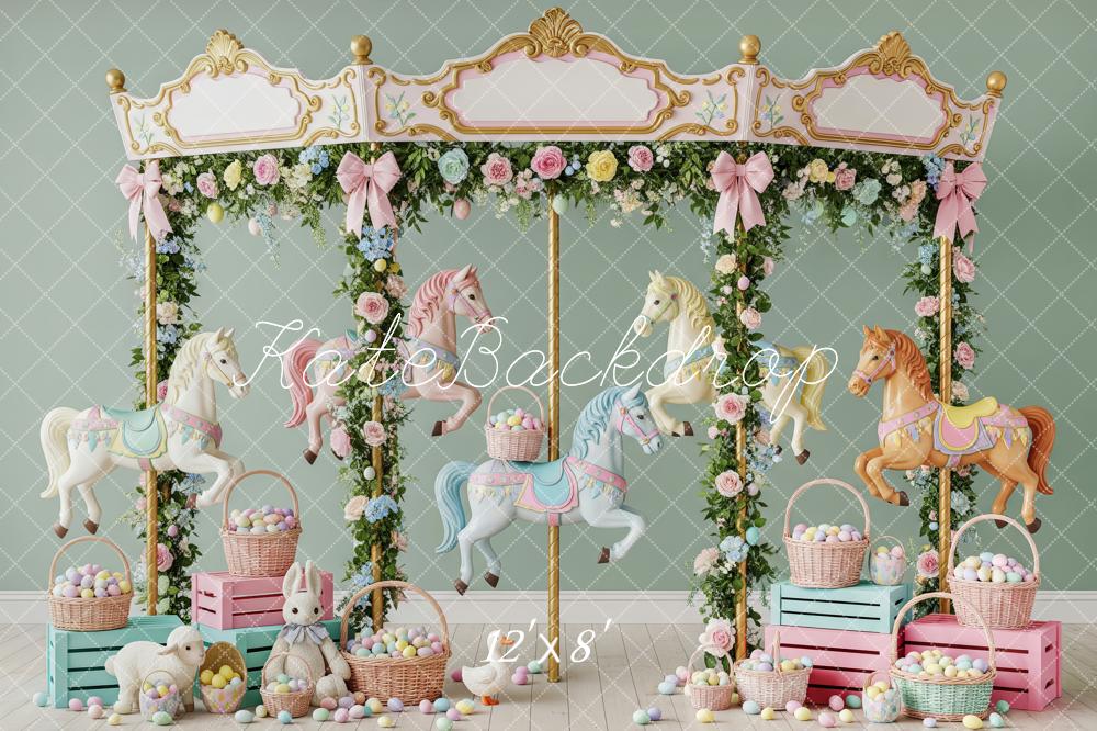 Kate Easter Carousel Bunny Pastel Eggs Floral Garland Printed Backdrop Designed by Patty Roberts