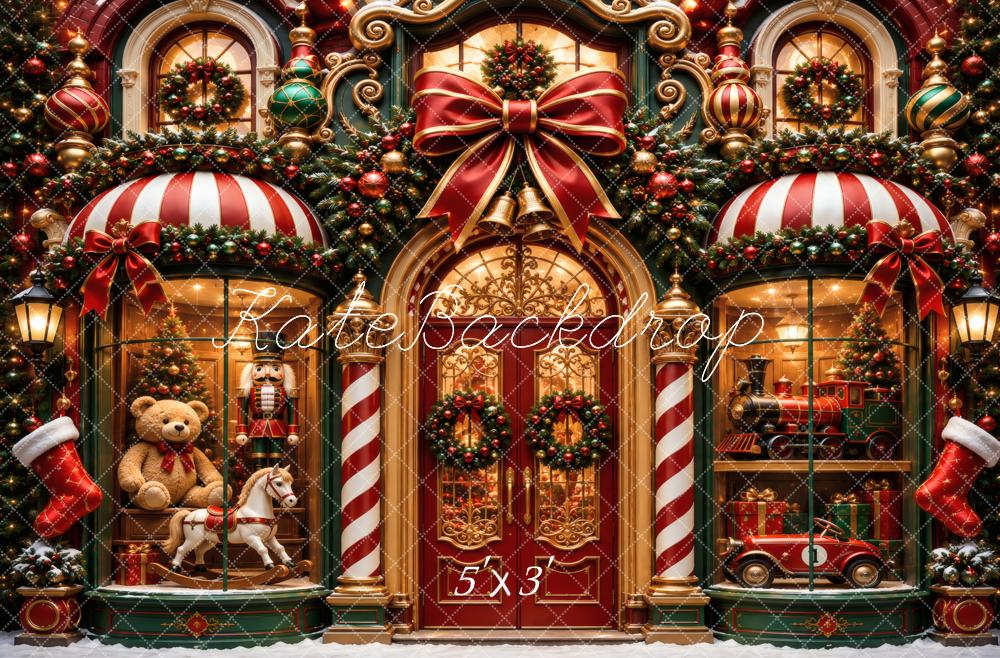 Kate Christmas Toy Store Front Teddy Bear Nutcracker Train Printed Backdrop Designed by Vertigo Productions
