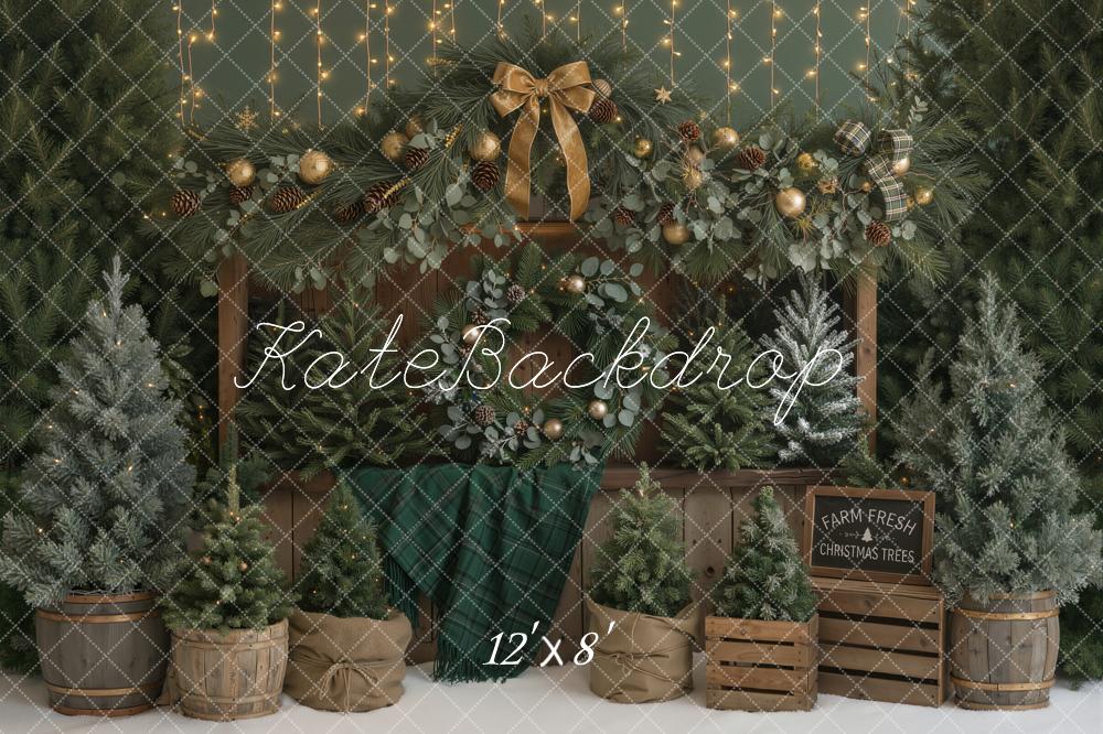 Kate Christmas Tree Farm Rustic Bow Lights Printed Backdrop Designed by Emetselch
