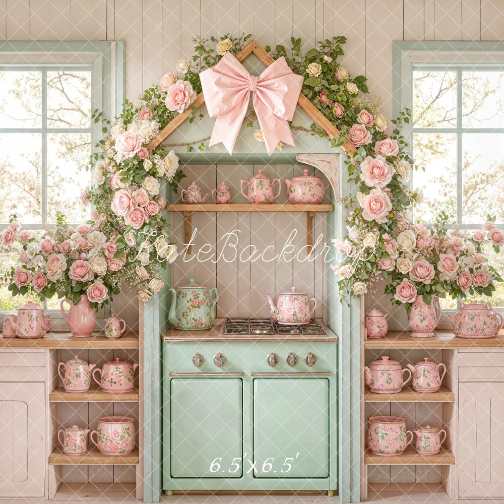 Kate Spring Flower Arch Vintage Kitchen Pastel Teapots Backdrop Designed by Emetselch