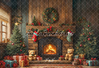 Kate Christmas Fireplace Trees Wreath Gifts Teddy Bears Printed Backdrop Designed by Emetselch