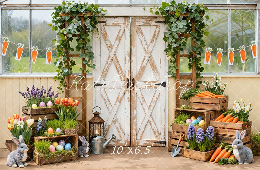 Kate Easter Bunny Carrot Greenhouse Rustic Wood Door Backdrop Designed by Emetselch