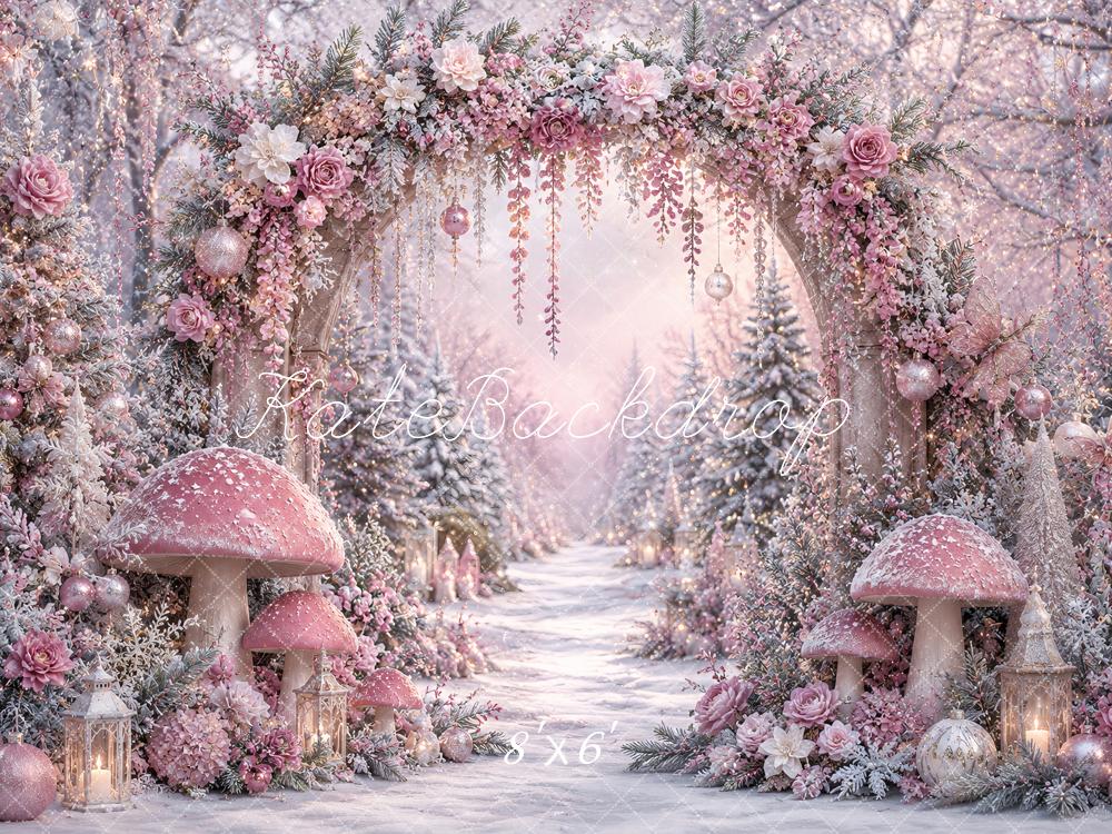 Kate Winter Wonderland Mushrooms Pink Floral Arch Snowy Forest Printed Backdrop Designed by Ashley Paul