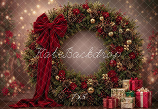 Kate Christmas Large Wreath Red Bow Presents Printed Backdrop Designed by Emetselch