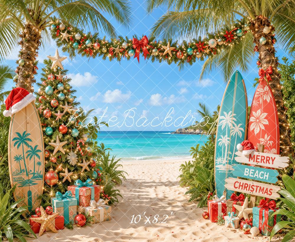 Kate Christmas Beach Surfboards Palm Trees Printed Backdrop Designed by Emetselch