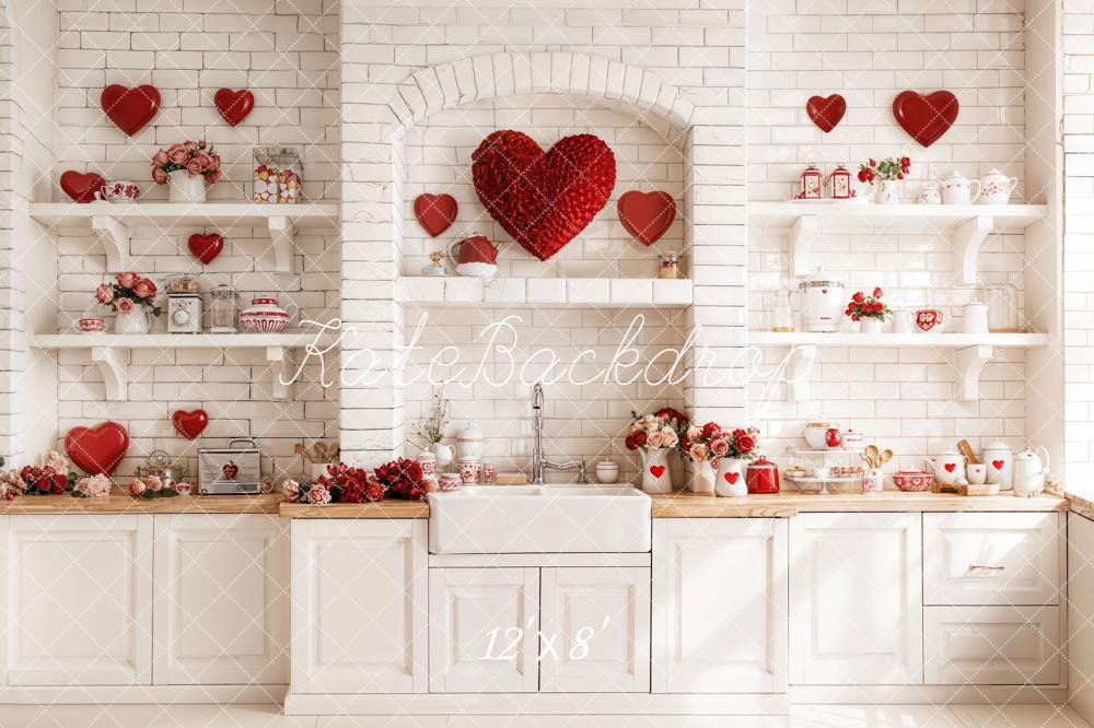 Kate Valentine's Day Red Heart Kitchen White Shelves Roses Backdrop Designed by Emetselch