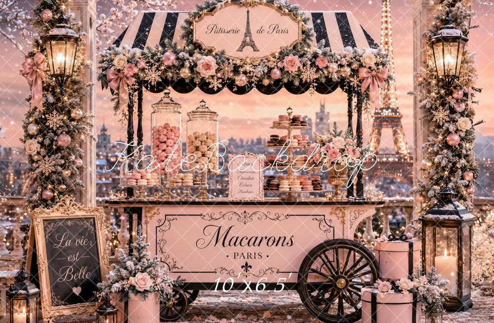 Kate Christmas Pink Paris Macaron Cart Lanterns Printed Backdrop Designed by Ashley Paul