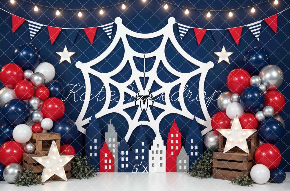 Kate Superhero Spider Web Cityscape Balloons Stars Bunting Printed Backdrop Designed by Mini MakeBelieve