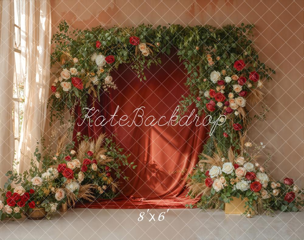 Kate Spring Flower Arch Red and White Roses Greenery Backdrop Designed by Emetselch