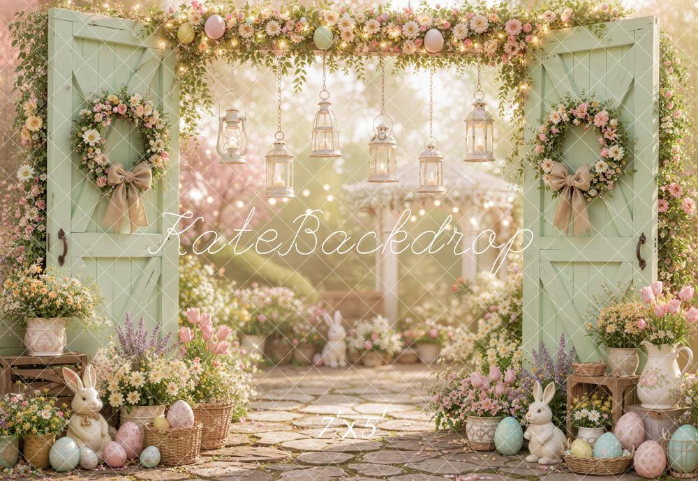 Kate Easter Spring Mint Green Door Floral Bunny Garden Printed Backdrop Designed by Emetselch