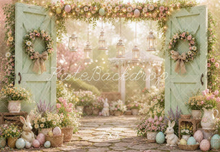 Kate Easter Spring Mint Green Door Floral Bunny Garden Printed Backdrop Designed by Emetselch