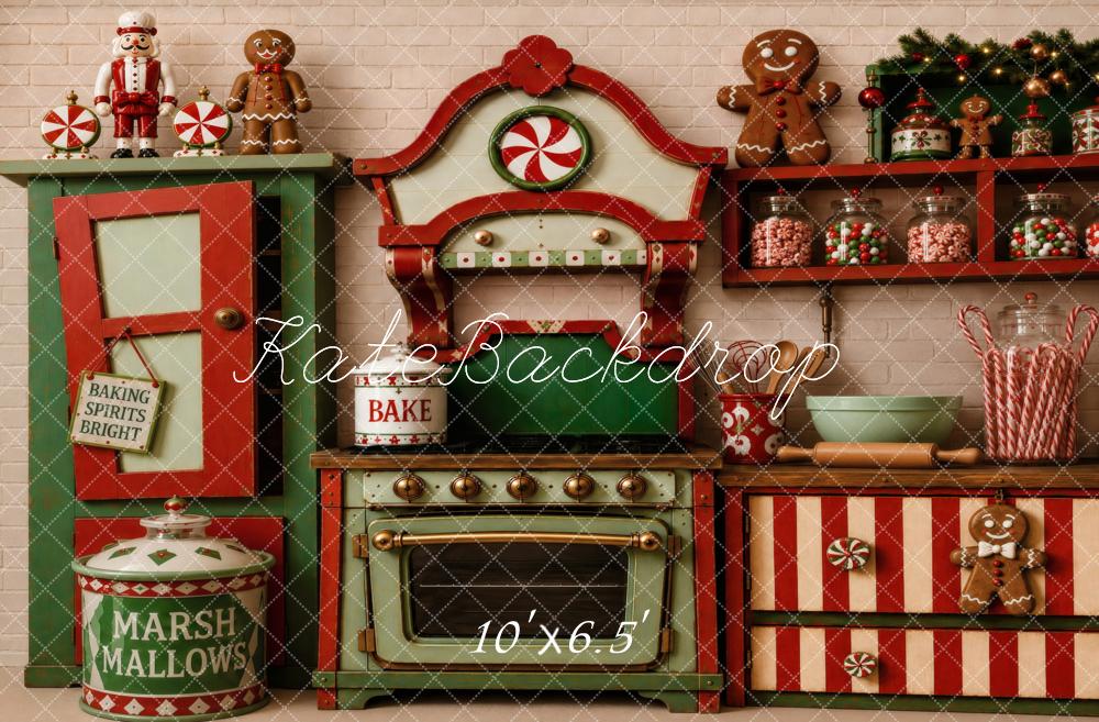 Kate Christmas Gingerbread Kitchen Candy Cane Cabinet Oven Printed Backdrop Designed by Vertigo Productions