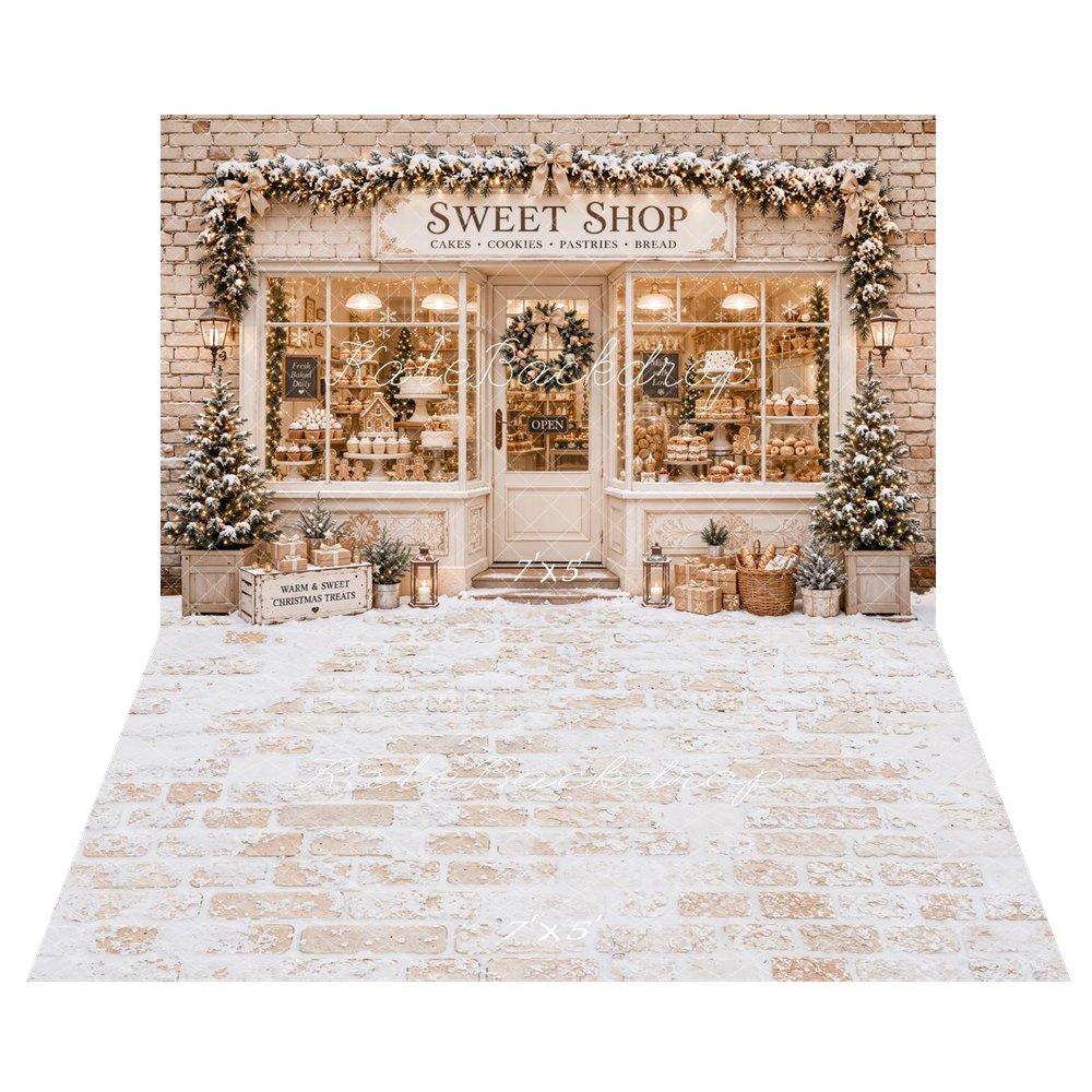 Kate Christmas Sweet Shop Window Display Bakery Gingerbread Snow Garland Presents Printed Backdrop+White Textured Retro Wall Printed Backdrop