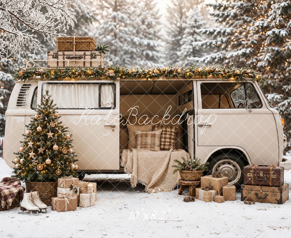 Kate Christmas Tree Camper Van Snowy Forest Gifts Printed Backdrop Designed by Emetselch