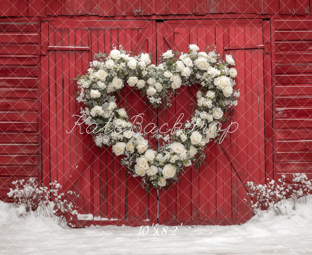 Kate Valentine's Day Heart Flower Wreath Red Barn Snow Backdrop Designed by Angela Miller