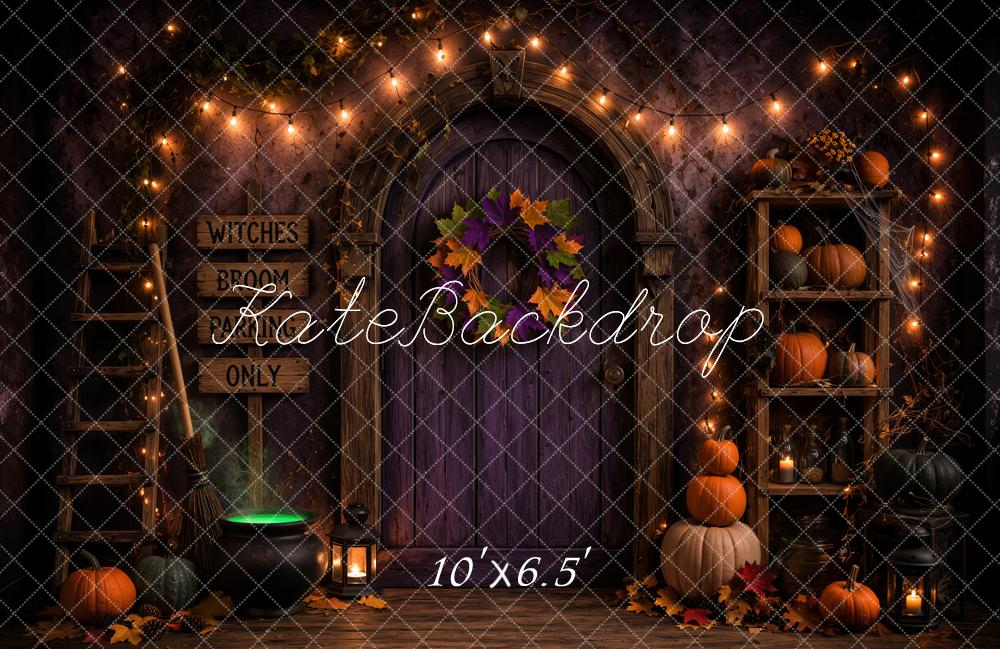 Kate Halloween Witch Doorway Pumpkins Shelf Printed Backdrop Designed by Ashley Ward