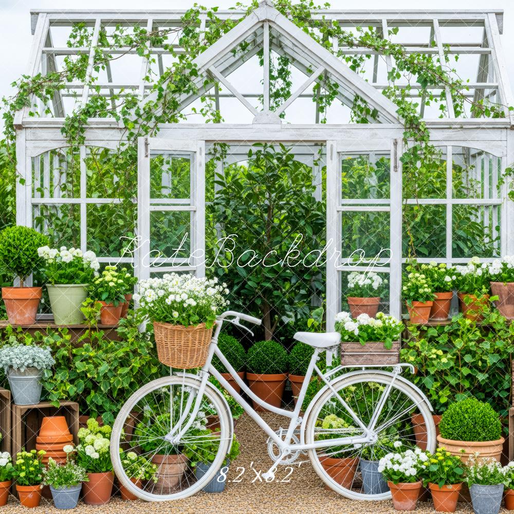 Kate Spring Greenhouse White Bicycle Flower Pots Lanterns Backdrop Designed by Patty Roberts