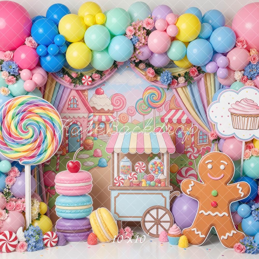 Kate Christmas Sweets Candyland Gingerbread Balloon Lollipop Macaron Printed Backdrop Designed by Mini MakeBelieve