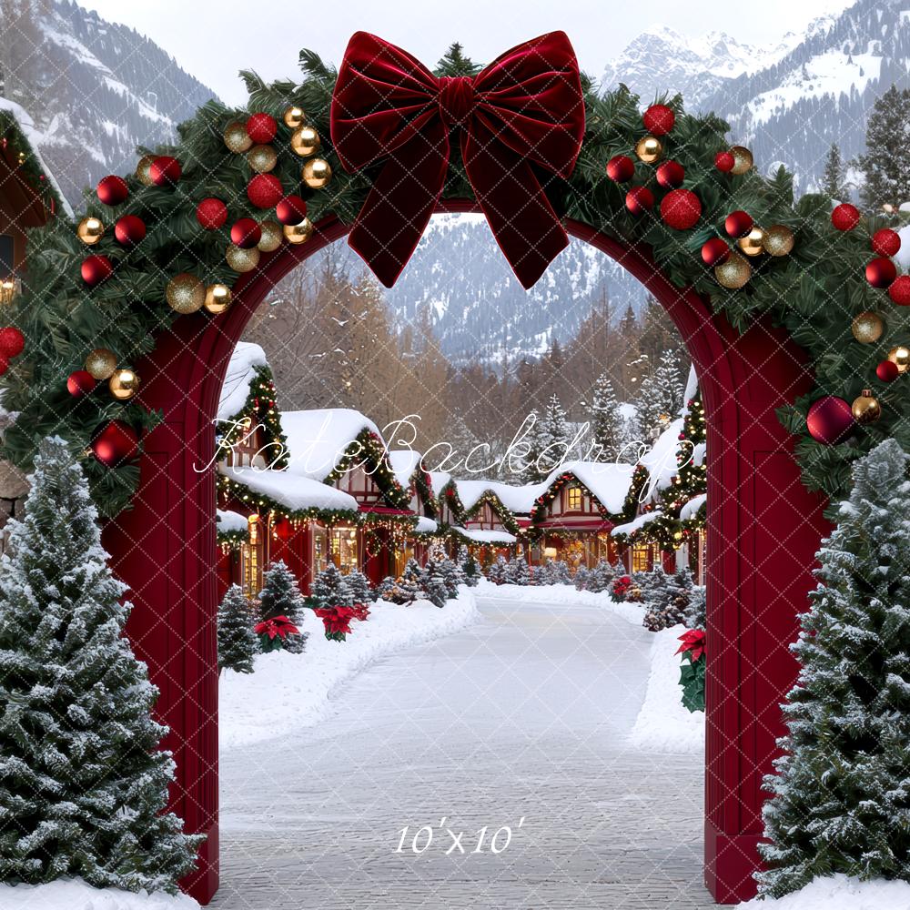 Kate Christmas Village Red Arch Garland Snowy Trees Backdrop Designed by Mini MakeBelieve