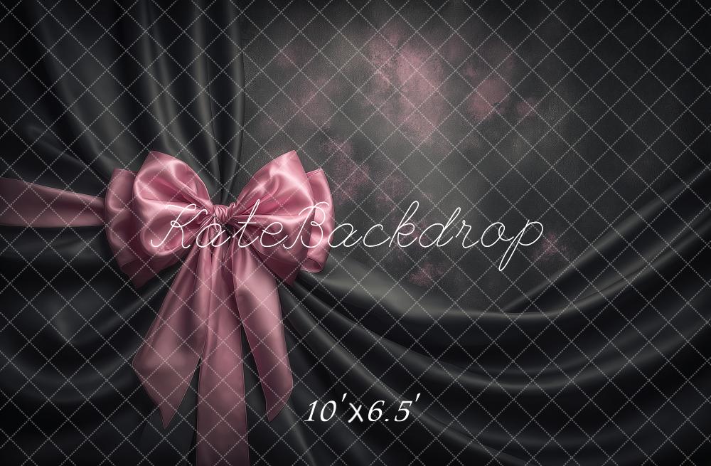 Kate Lux Satin Black Draped Fabric Pink Bow Printed Backdrop Designed by Angela Miller