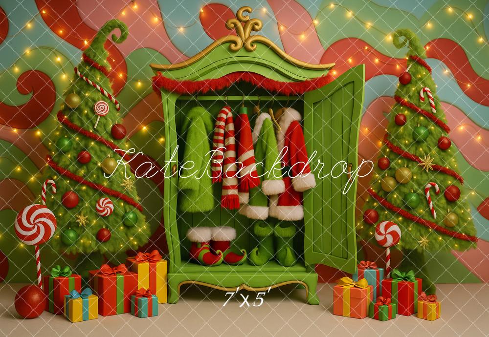 Kate Christmas Candy Trees Green Cabinet Presents Backdrop Designed by Ashley Paul