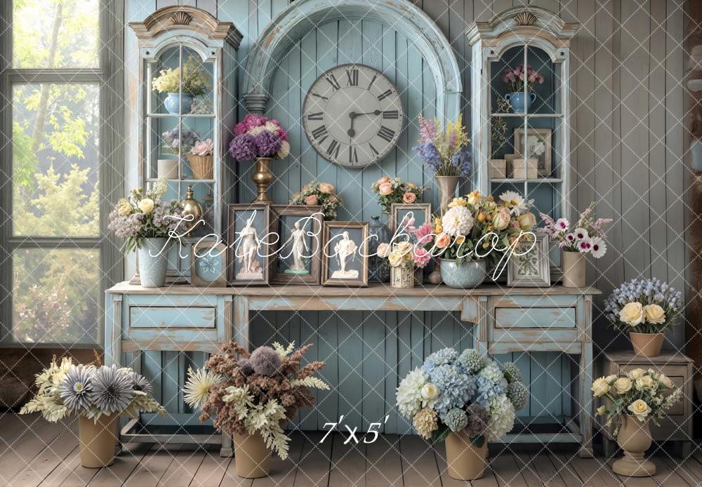 Kate Spring Vintage Blue Cabinet Clock Floral Backdrop Designed by Mini MakeBelieve