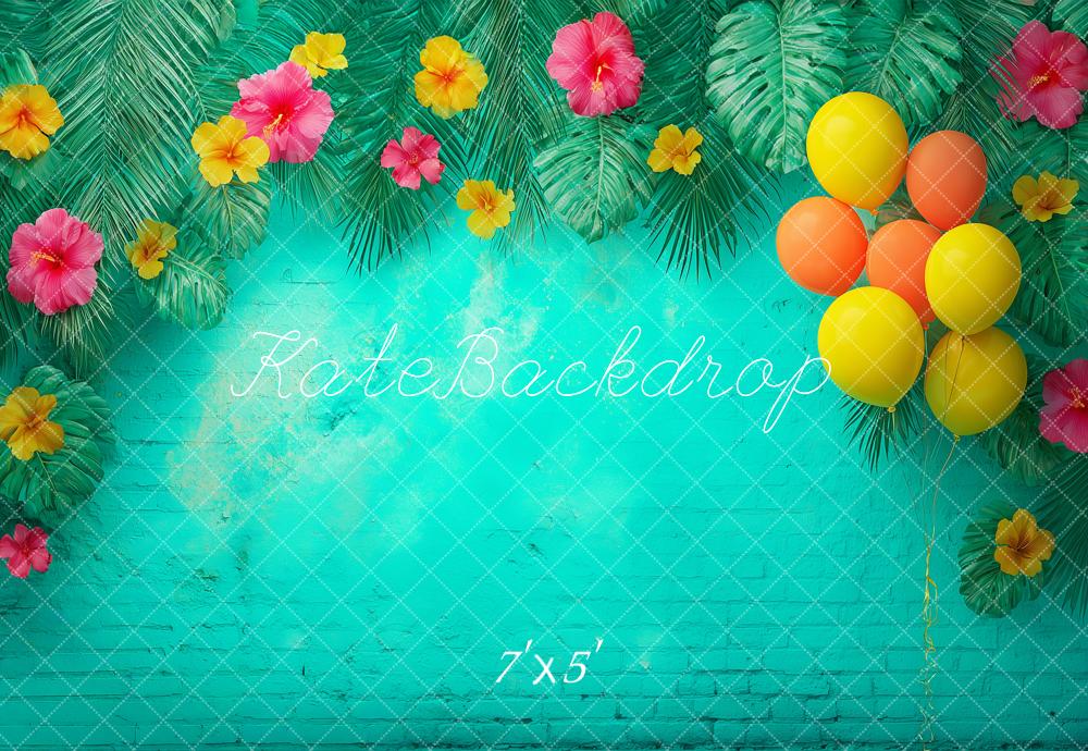 Kate Tropical Palm Leaves Hibiscus Flowers Balloons Turquoise Printed Backdrop Designed by Angela Miller