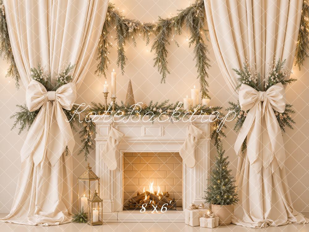 Kate Christmas Fireplace White Drapes Bow Garland Tree Printed Backdrop Designed by Emetselch