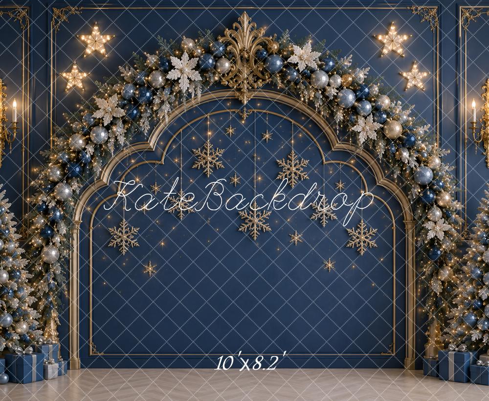 Kate Christmas Headboard Blue Gold Snowflake Tree Arch Printed Backdrop Designed by Caitlin Lynch
