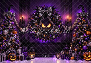 Kate Halloween Purple Christmas Trees Jack O Lantern Wreath Printed Backdrop Designed by Megan Leigh Photography