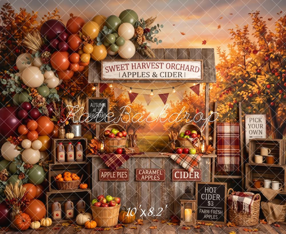 Kate Fall Birthday Apple Orchard Cider Stand Balloons Printed Backdrop Designed by Patty Roberts