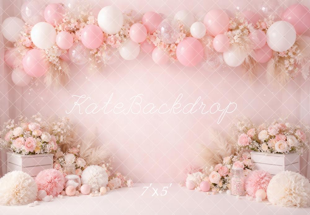 Kate Cake Smash Pink Balloon Flower Arch Pampas Grass Printed Backdrop Designed by Vertigo Productions
