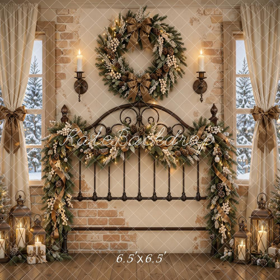 Kate Christmas Wrought Iron Headboard Wreath Garland Window Printed Ba