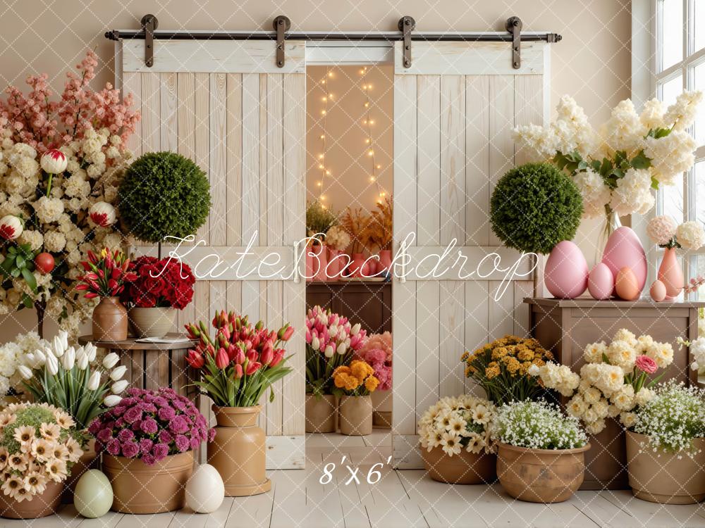 Kate Easter Flowers Pink Eggs Barn Door Printed Backdrop Designed by Mini MakeBelieve