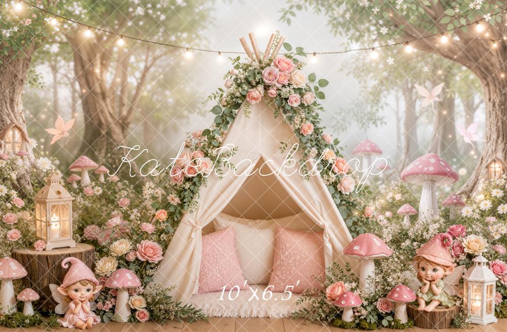 Kate Fairy Fantasy Tent Pink Mushrooms Flowers Forest Printed Backdrop Designed by Emetselch