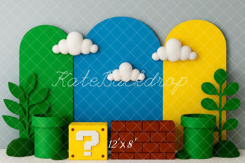 Kate Birthday Game Clouds Green Pipes Block Brick Backdrop Designed by Patty Roberts