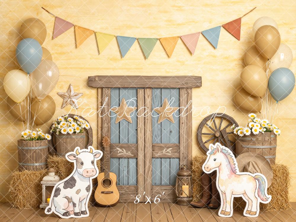 Kate Cake Smash Farmhouse Barn Door Cow Horse Balloons Printed Backdrop Designed by Chain Photography
