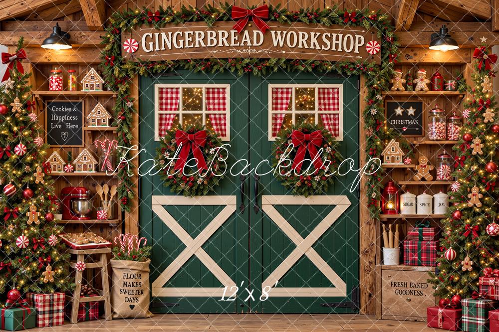 Kate Christmas Gingerbread Workshop Green Barn Door Shelves Printed Backdrop Designed by Shutter Swan Studios