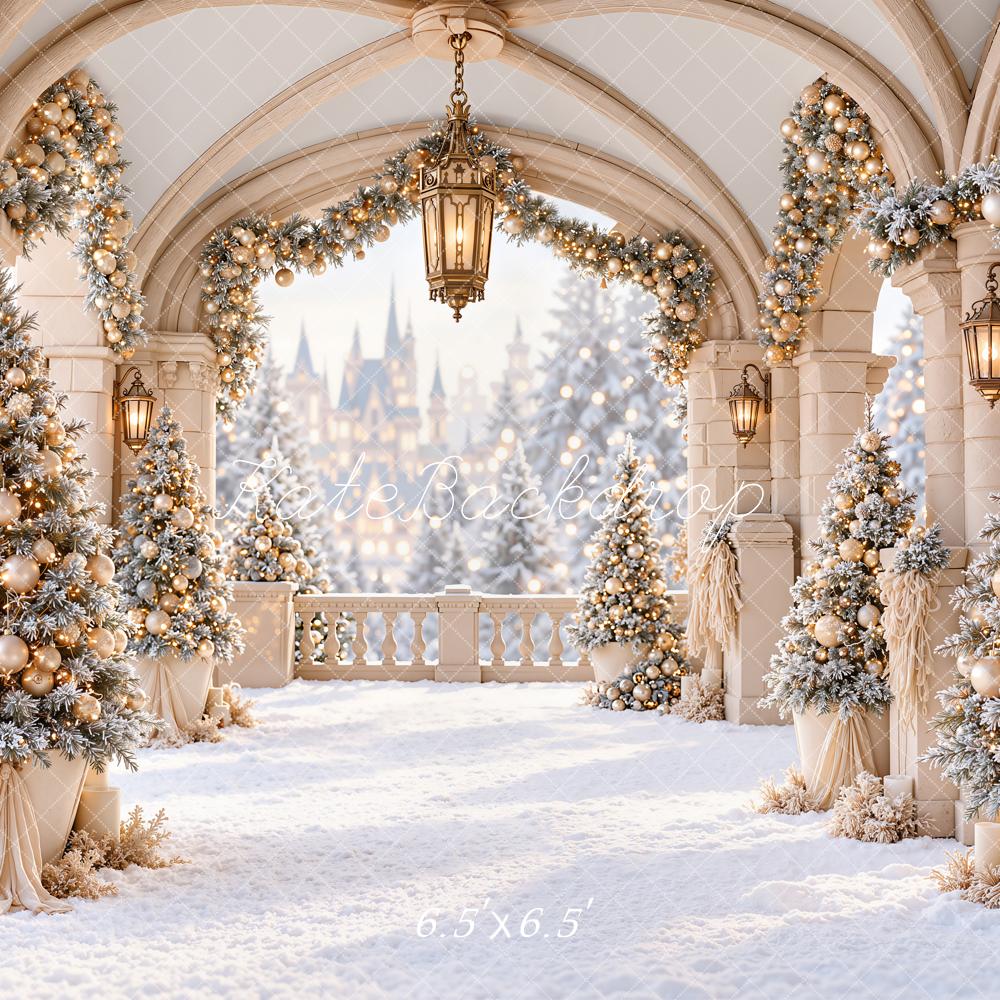 Kate Christmas Snowy Archway Christmas Trees Lanterns Printed Backdrop Designed by Emetselch