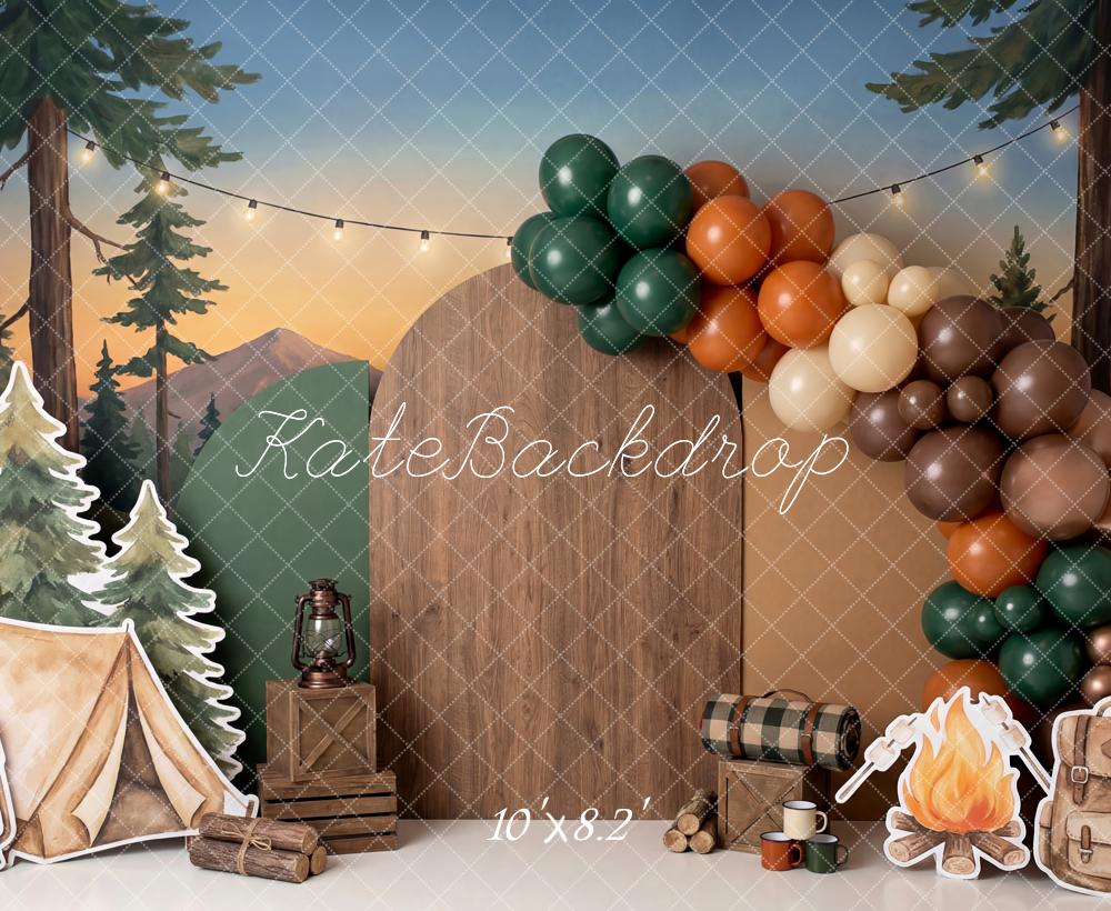Kate Cake Smash Camping Tent Forest Campfire Balloons Printed Backdrop Designed by Patty Roberts