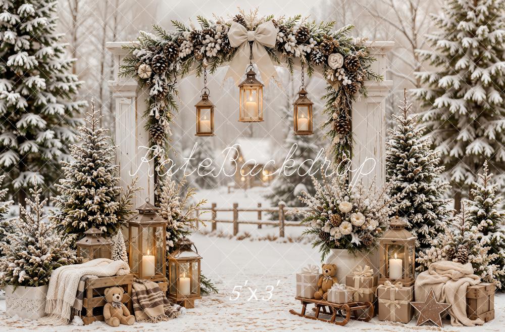 Kate Christmas Snowy Forest Arch Lanterns Gifts Sled Plaid Printed Backdrop Designed by Emetselch