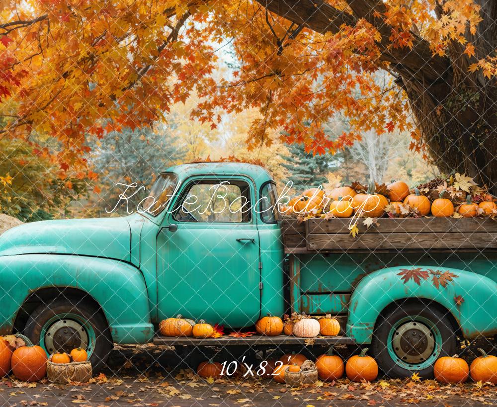 Kate Fall Vintage Blue Truck Pumpkins Maple Tree Printed Backdrop Desi