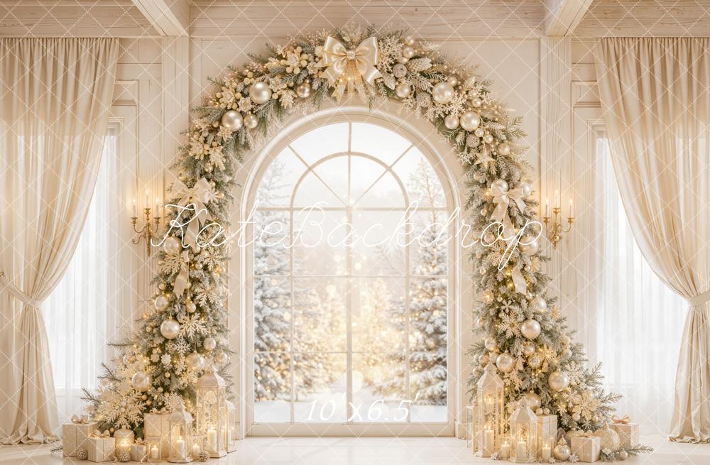 Kate Christmas Flower Arch Cream Window Presents Curtains Printed Backdrop Designed by Emetselch