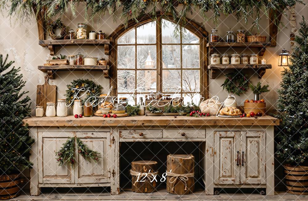 Kate Christmas Kitchen Rustic Window Garland Pine Trees Backdrop Designed by Emetselch