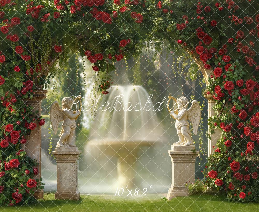Kate Spring Red Rose Arch Angel Statues Fountain Garden Backdrop Designed by Emetselch