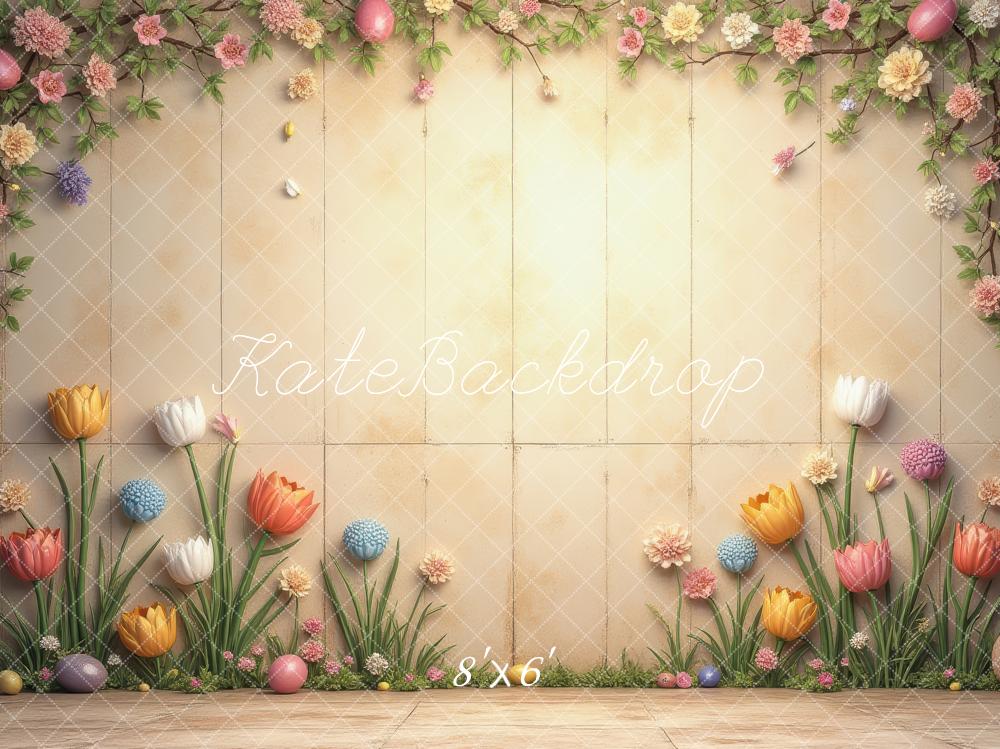 Kate Easter Flower Arch Pastel Eggs Beige Wall Backdrop Designed by Laura Bybee