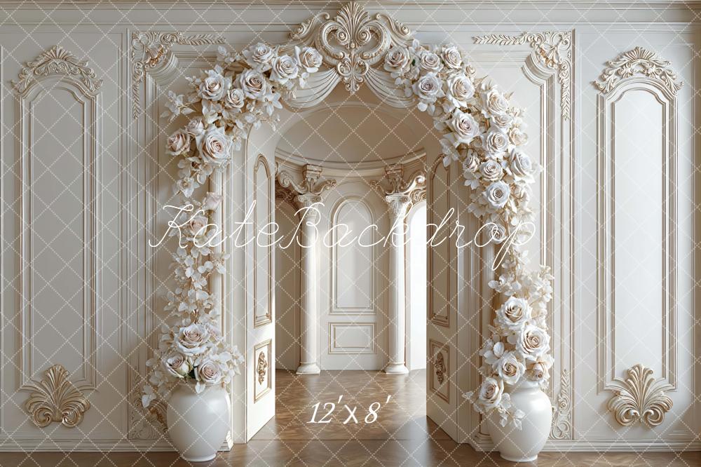 Kate Flower Arch Cream Roses Ornate Wall Printed Backdrop Designed by Mini MakeBelieve