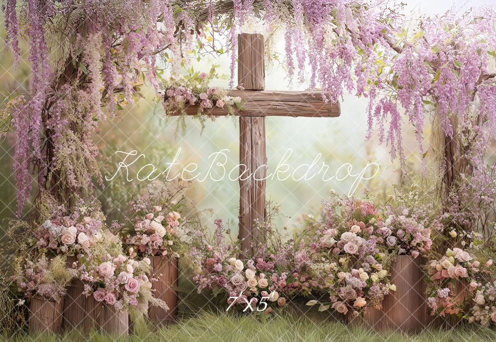 Kate Spring Wooden Cross Wisteria Flower Arch Printed Backdrop Designed by Angela Miller