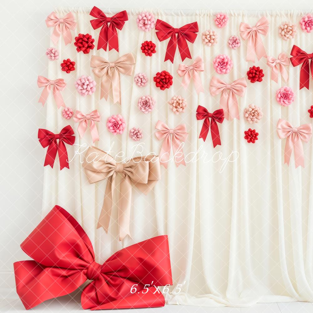 Kate Valentine's Day Red Pink Bows Flowers Cream Curtain Backdrop Designed by Patty Roberts